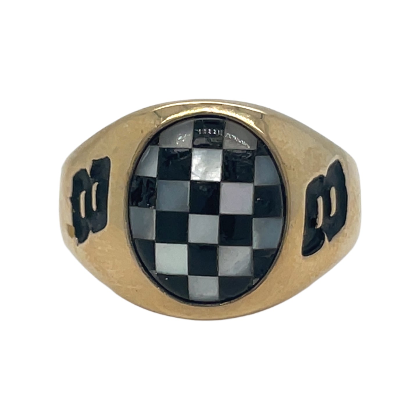 #8 Nascar Theme RIng Mother of Pearl /Onyx Checkerboard 10 Karat Gold