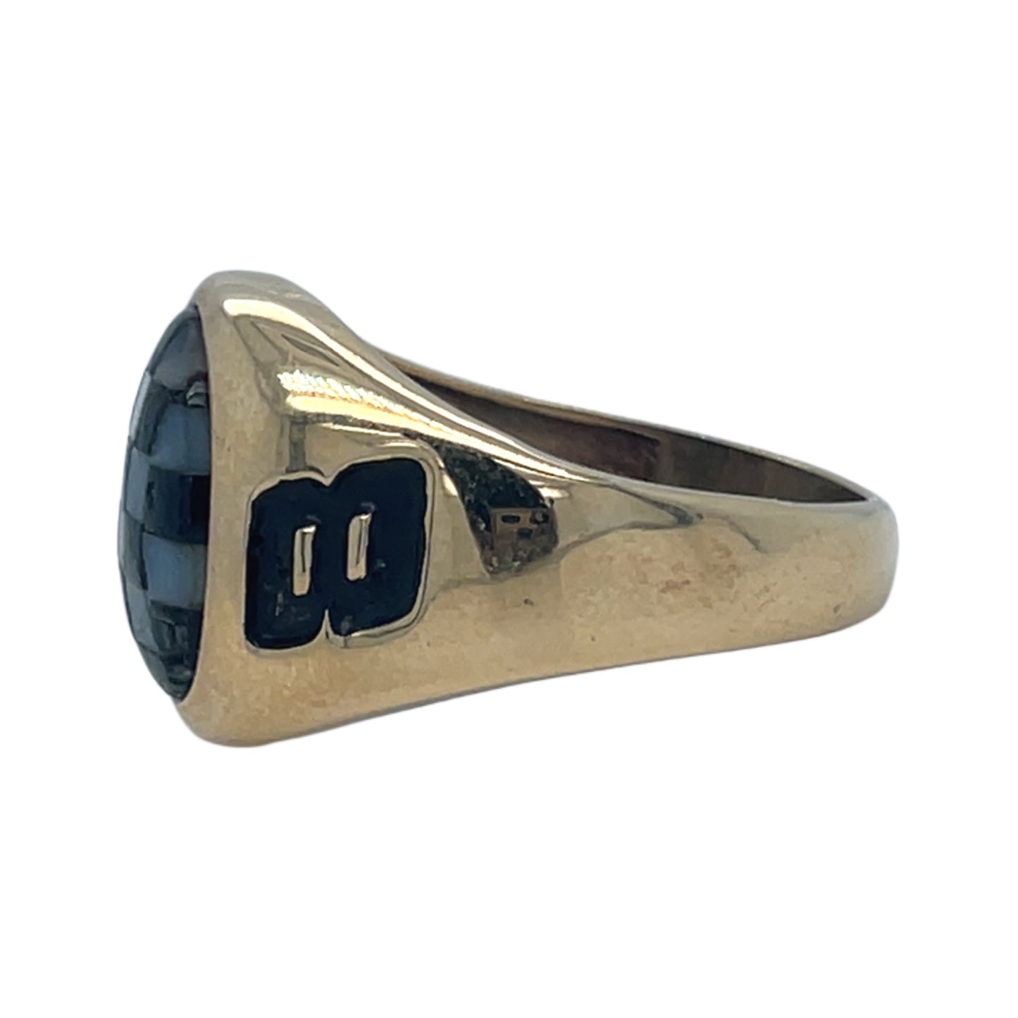 #8 Nascar Theme RIng Mother of Pearl /Onyx Checkerboard 10 Karat Gold
