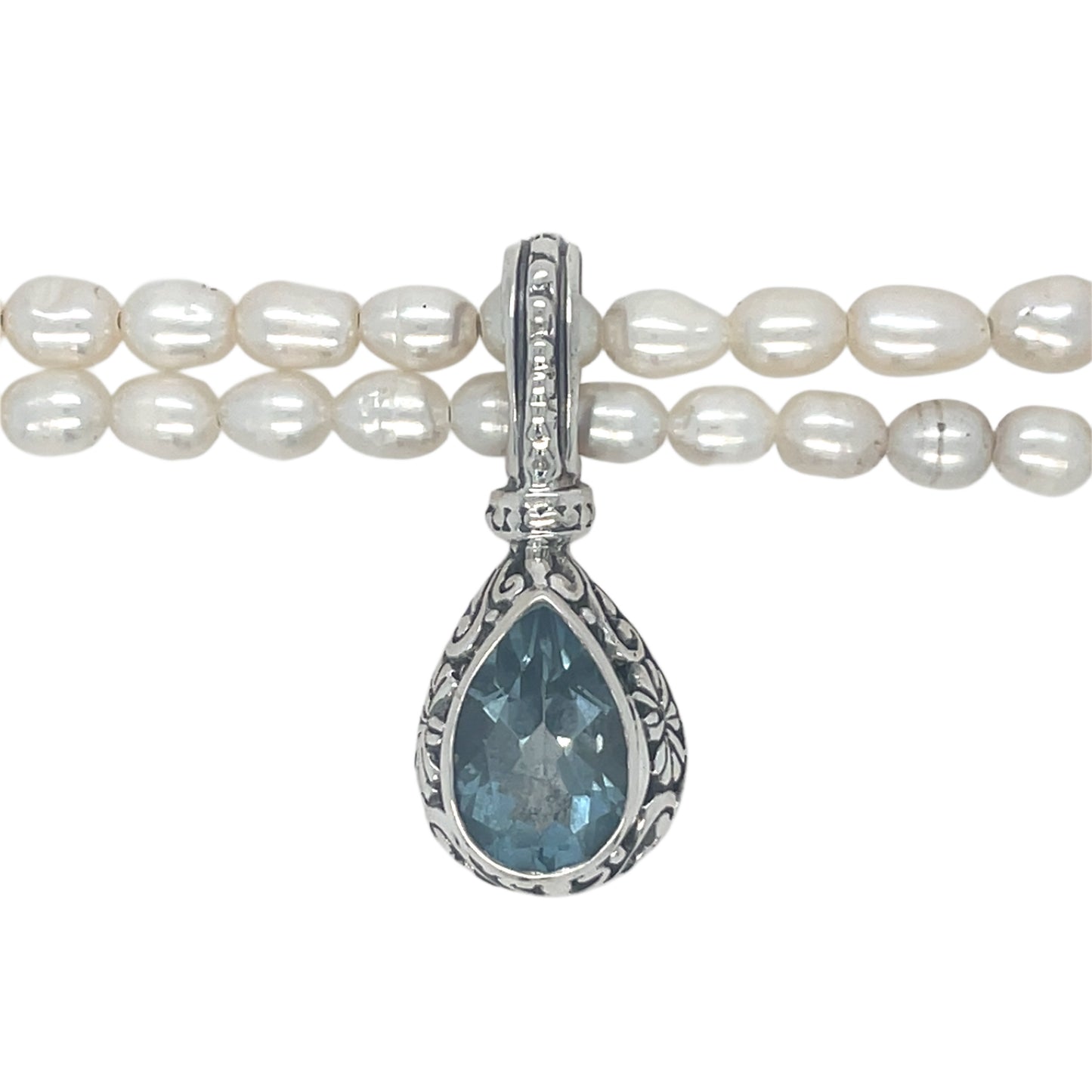 2 Strand Rice Pearls with Blue Topaz Pendant