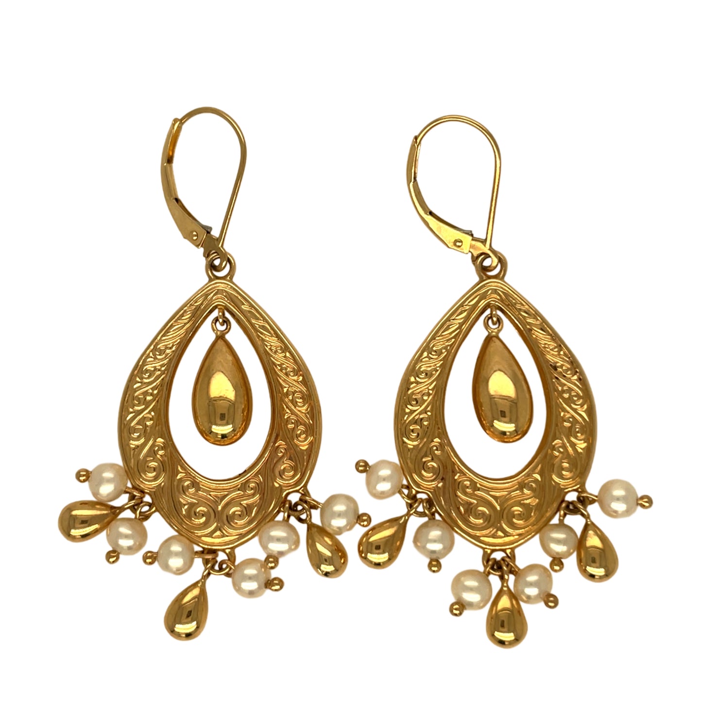 Ornate Gold Earrings with Pearl "Fringe"