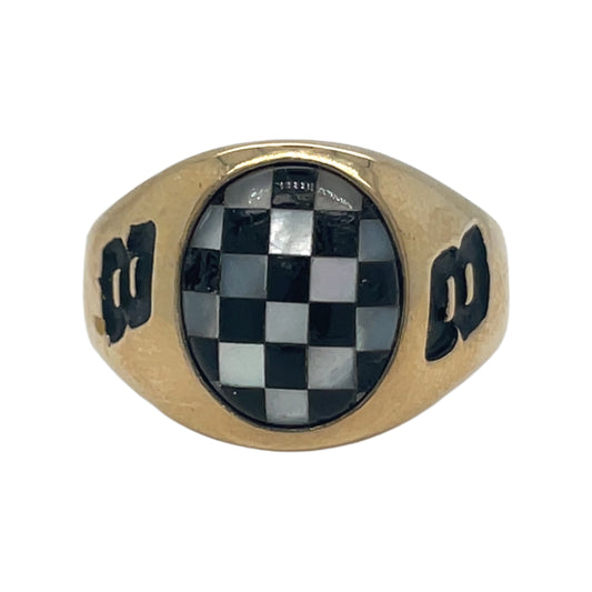 #8 Nascar Theme RIng Mother of Pearl /Onyx Checkerboard 10 Karat Gold