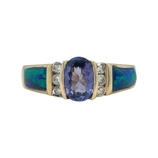 Australian Opal, Tanzanite & Diamond Ring
