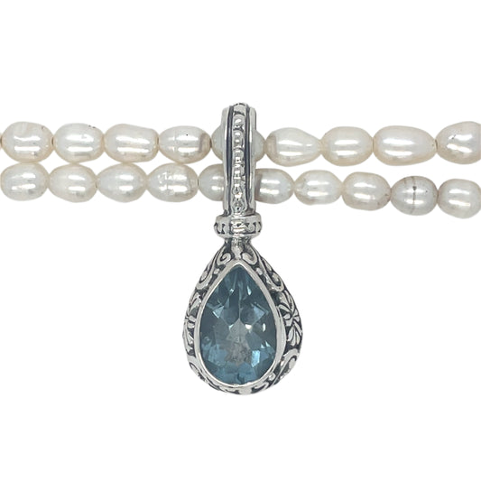 2 Strand Rice Pearls with Blue Topaz Pendant