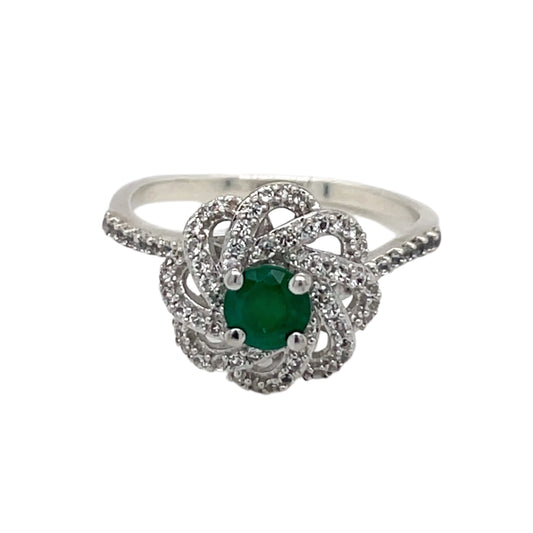 Round Emerald & Diamond Swirl Ring
